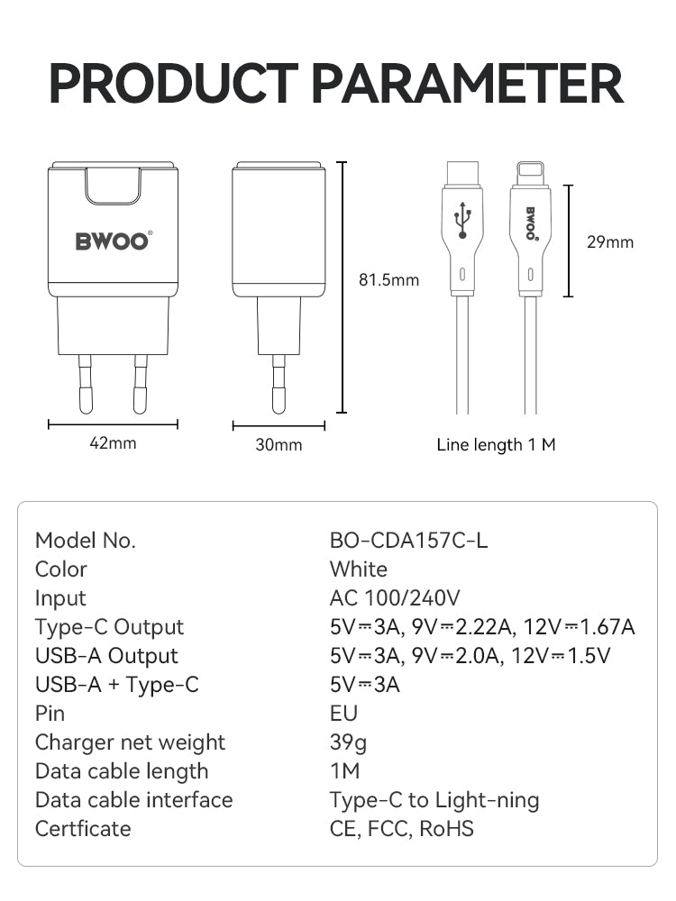 BWOO Kit Charger + Type-C to Type-L 20W EU CDA157C-L	CDA 157CL