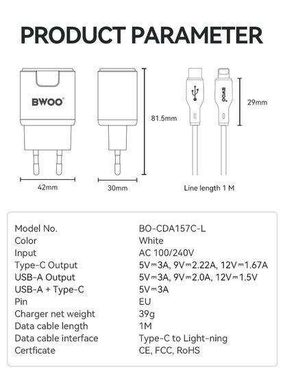 BWOO Kit Charger + Type-C to Type-L 20W EU CDA157C-L	CDA 157CL