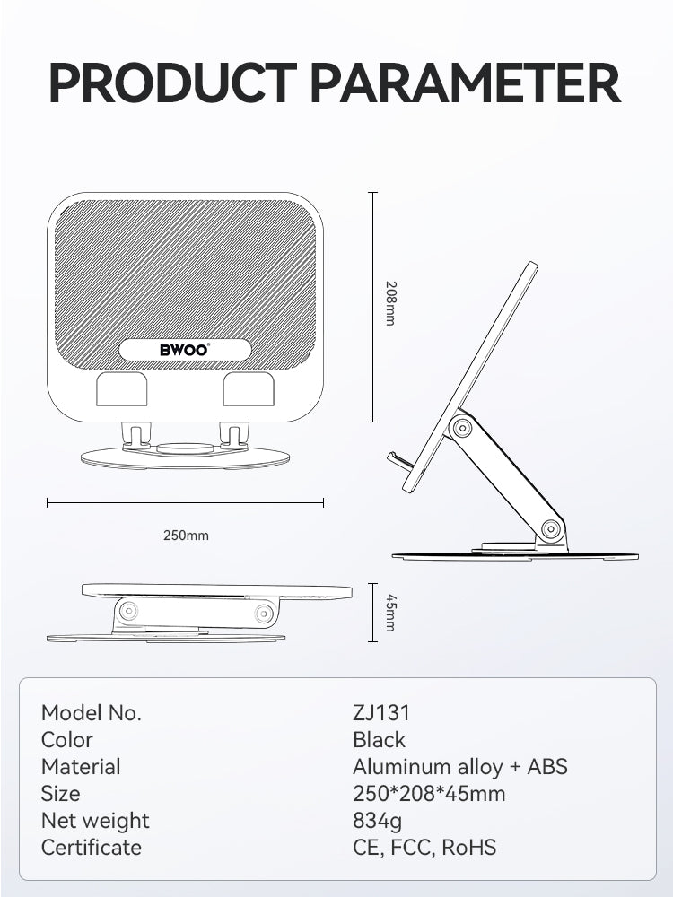 BWOO Aluminum Alloy Foldable Desktop Tablet Holder 360° Rotating ZJ131