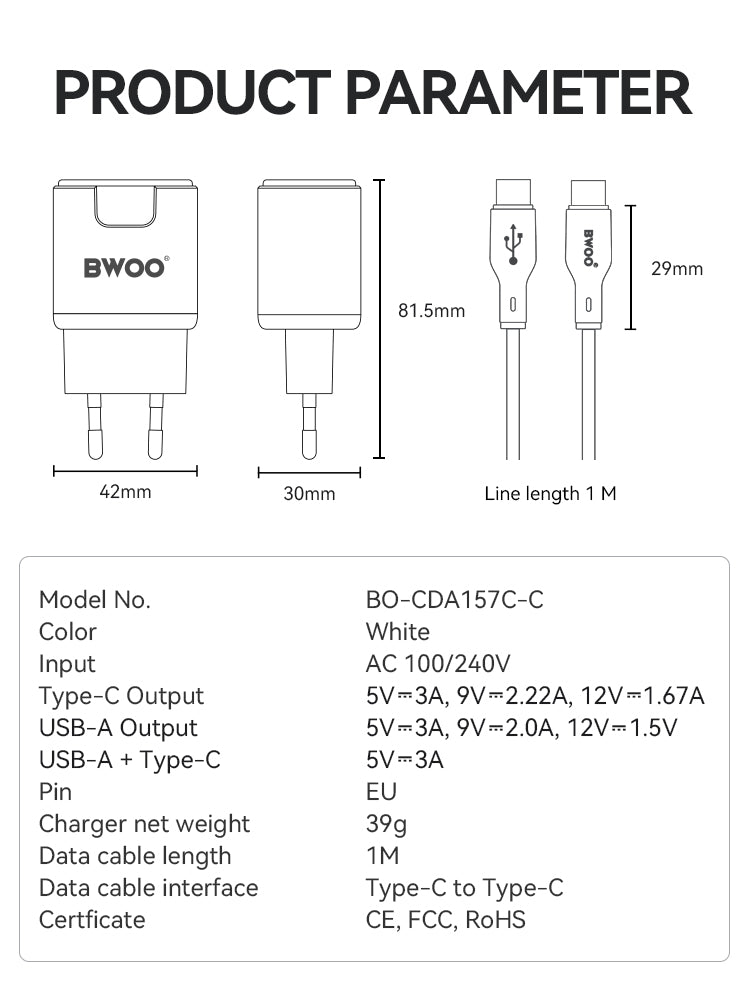 BWOO  Kit Charger + Type-C to Type-C 20W EU CDA157C-C CDA 157CC