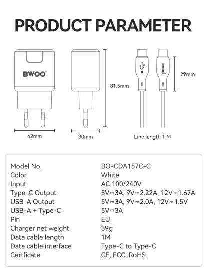 BWOO  Kit Charger + Type-C to Type-C 20W EU CDA157C-C CDA 157CC