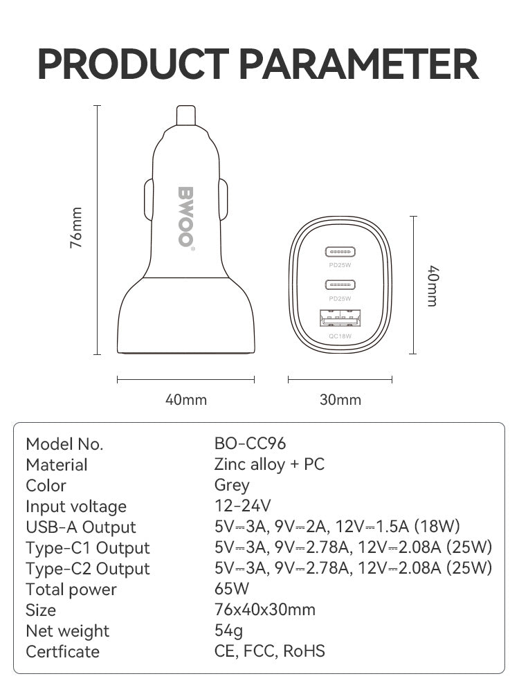 65W USB-C Car Charger 3 Port Transparent & Grey CC96