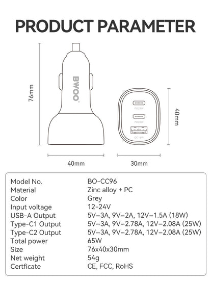 65W USB-C Car Charger 3 Port Transparent & Grey CC96