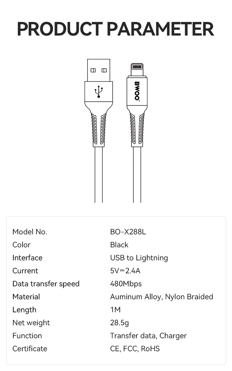 BWOO USB-A to Lightning Charging Data Cable 3A 1MX288L / 2MX288L / 3MX288L