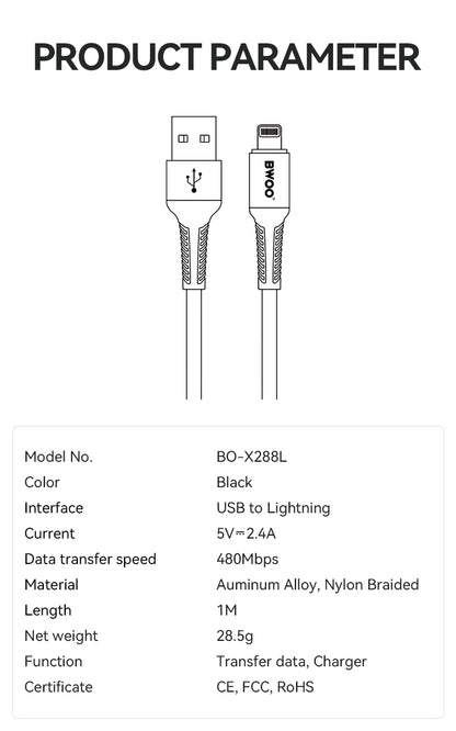 BWOO USB-A to Lightning Charging Data Cable 3A 1MX288L / 2MX288L / 3MX288L