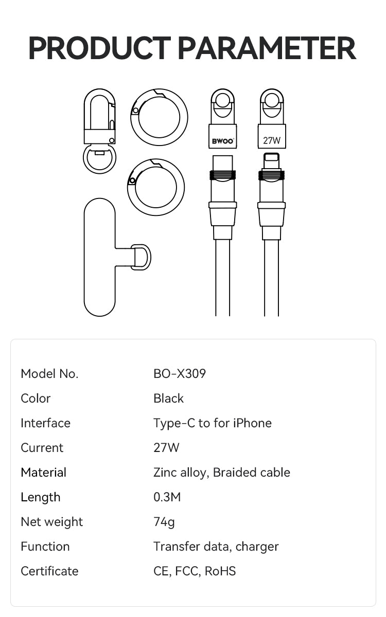 Phone Lanyard Built-in USB-C to Lightning Charging Cable 2 in 1 0.3M BO-X309