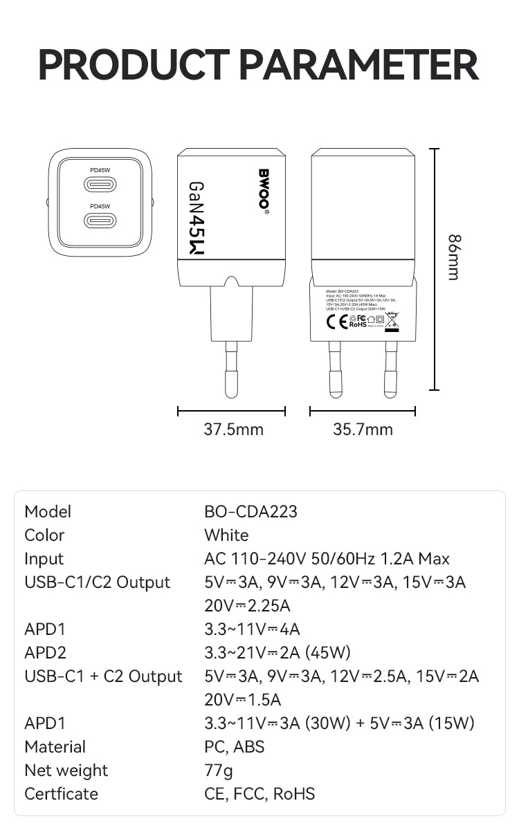 45W USB-C Dual ports GaN Charger BO-CDA223