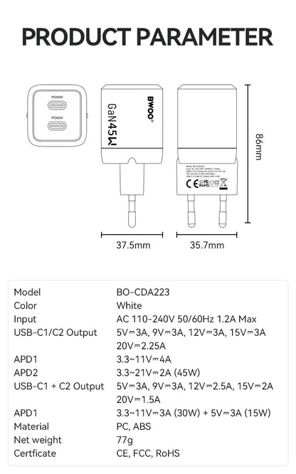45W USB-C Dual ports GaN Charger BO-CDA223