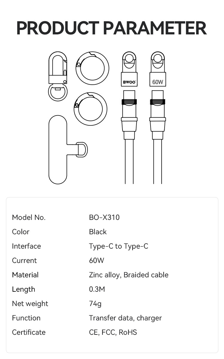 USB-C to USB-C Charging Cable+Cell Phone Lanyard 2 in 1 60W 0.3M X310