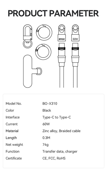 USB-C to USB-C Charging Cable+Cell Phone Lanyard 2 in 1 60W 0.3M X310