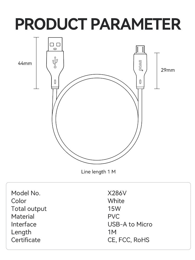 BWOO USB-A to MICRO Charging Data Cable 12W 1MX286V