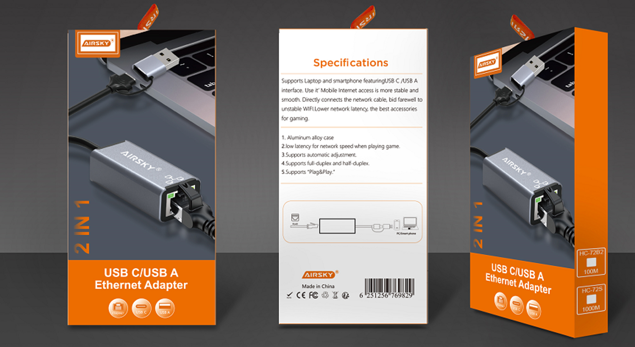 USB-C/USB-A Ethernet adapter packaging with specifications on a gray background