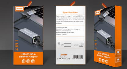 USB-C/USB-A Ethernet adapter packaging with specifications on a gray background